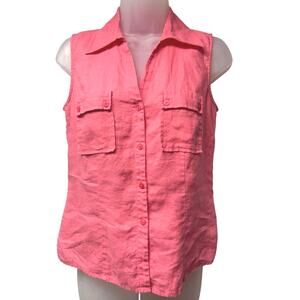 Sunny Leigh Coral Pink Sleeveless Easy Care Linen Button Up Shirt Size Small